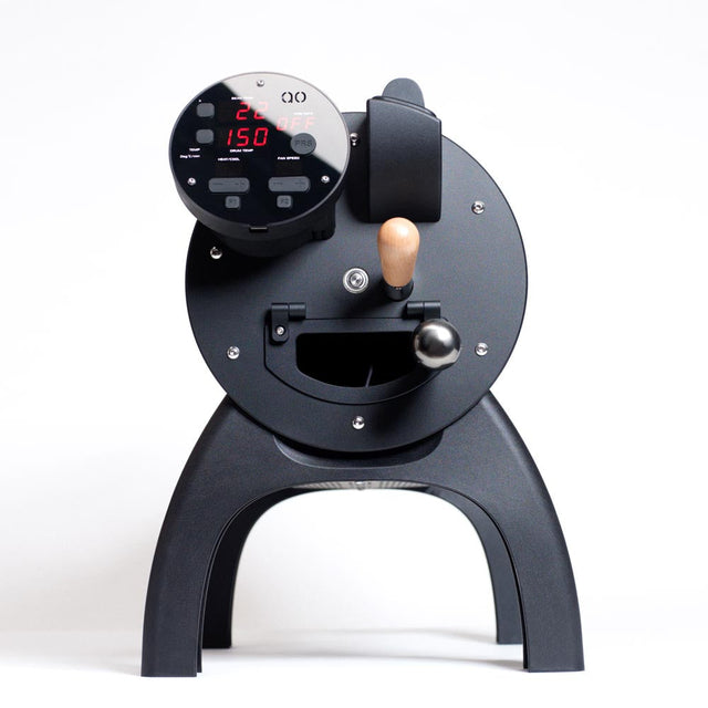 A black Aillio Bullet coffee roaster, the machine Syzygy uses to roast coffee in Miami.