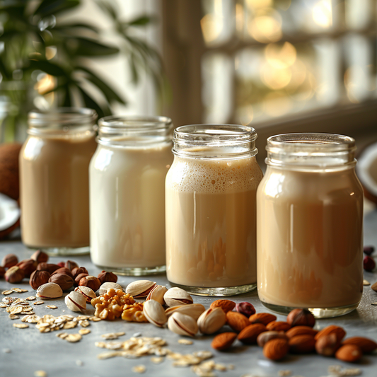 Image of various milks inside a store. They are 4 different milka inside glass milk bottles l. They appear to be from nuts like cashews, pistachios,  and almonds. 
