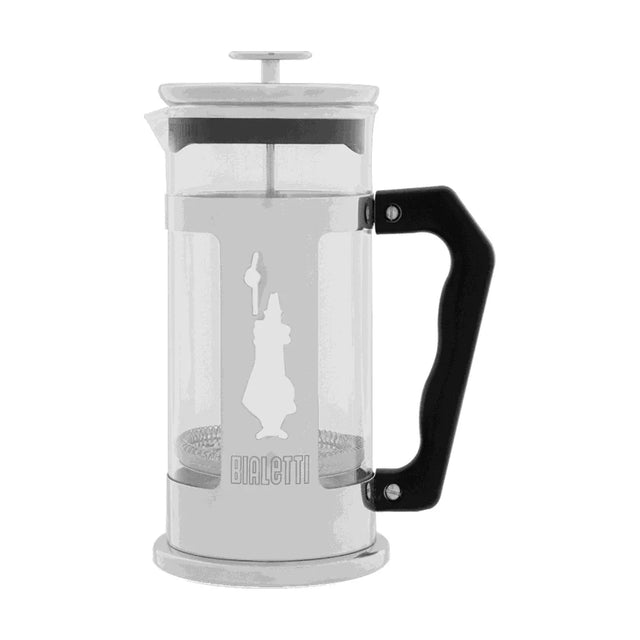 Bialetti Preziosa glass and stainless steel French press with the plunger up, ready to brew